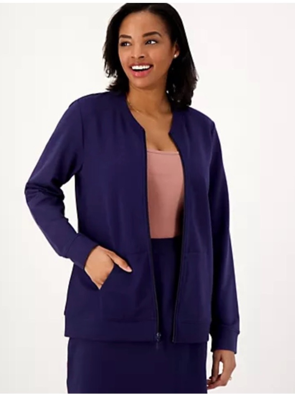Denim & Co Active Plus French Terry Zip Jacket with Kangaroo Pocket Navy 3X